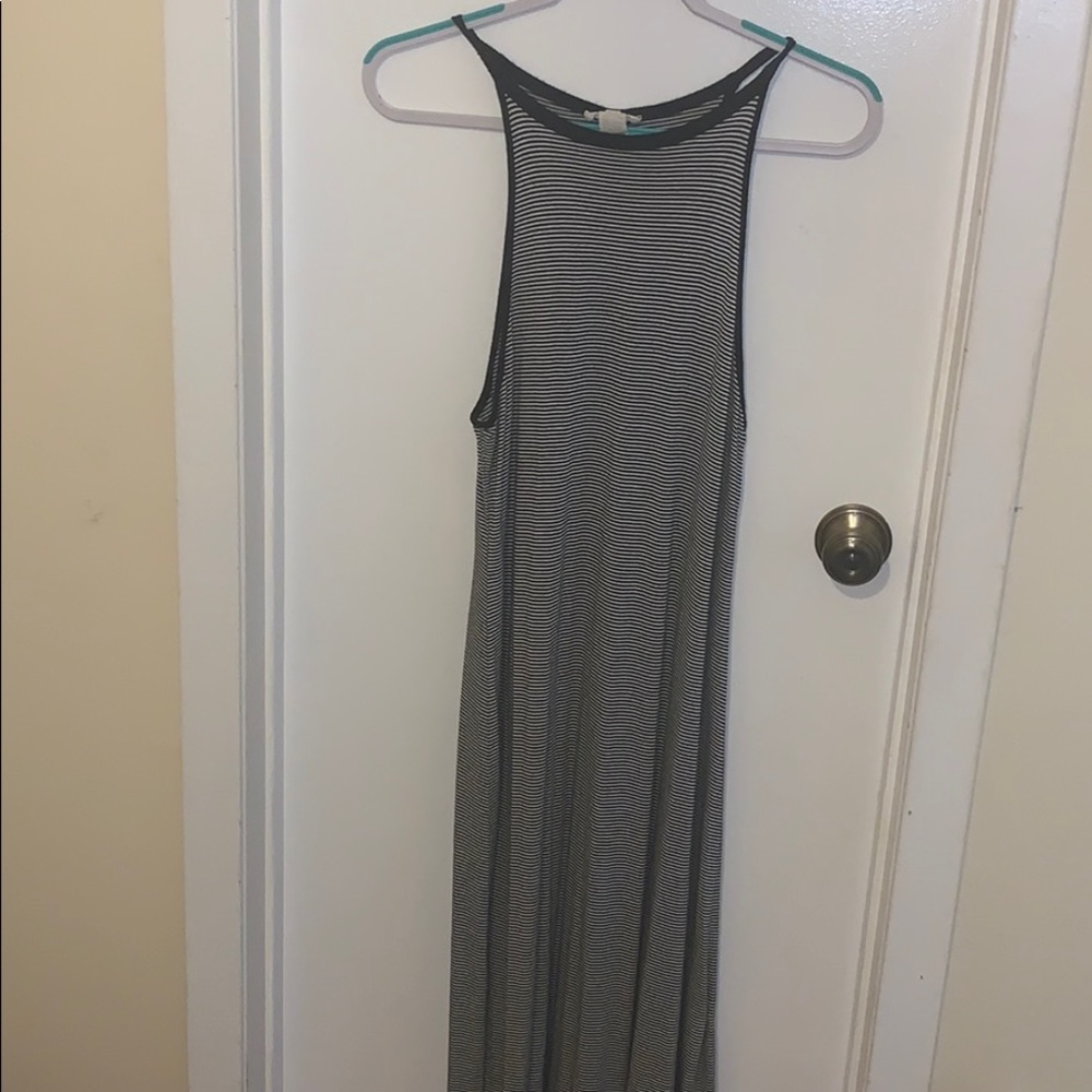 High neck black and white striped maxi dress